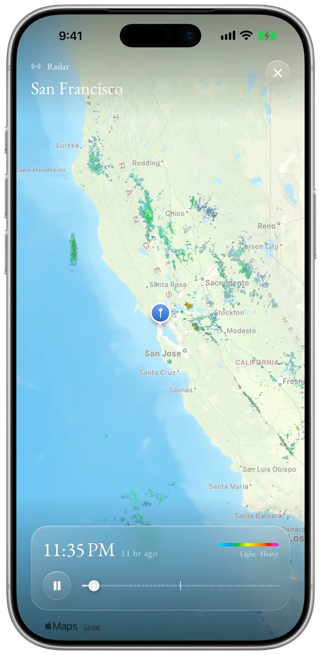 The full screen precipitation radar in Haze, with a timeline you can play or scrub