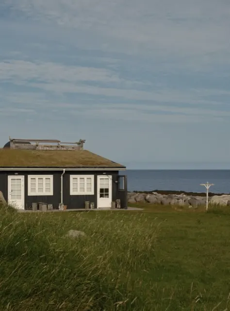 Turf-roofed cottage by the sea